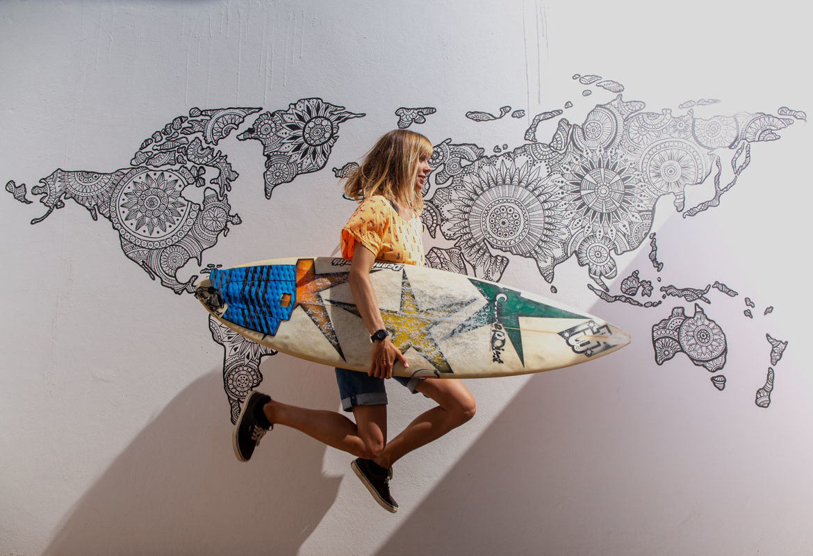 Women surf skate class in Lanzarote Spain